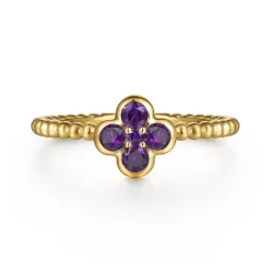 Discount Gabriel & Co. 14K Yellow Gold Amethyst Cluster Clover and Bujukan Bead Stackable Ring