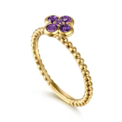 Discount Gabriel & Co. 14K Yellow Gold Amethyst Cluster Clover and Bujukan Bead Stackable Ring
