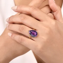 Clearance Gabriel & Co. 14K Yellow Gold Amethyst Pear Shape Ladies Ring