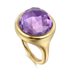 Gabriel & Co. 14K Yellow Gold Amethyst Round Shape Ladies Ring With Flower Pattern J-Back