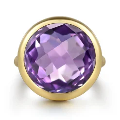 Gabriel & Co. 14K Yellow Gold Amethyst Round Shape Ladies Ring With Flower Pattern J-Back