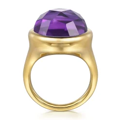 Gabriel & Co. 14K Yellow Gold Amethyst Round Shape Ladies Ring With Flower Pattern J-Back