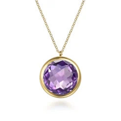 New Gabriel & Co. 14K Yellow Gold Amethyst Round Shape Necklace With Flower Pattern J-Back