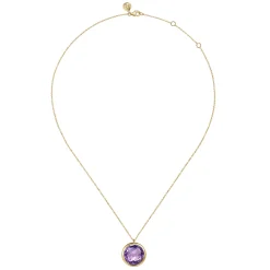 New Gabriel & Co. 14K Yellow Gold Amethyst Round Shape Necklace With Flower Pattern J-Back