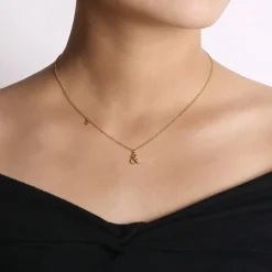 Discount Gabriel & Co. 14K Yellow Gold Ampersand Pendant Necklace with Bezel Set Diamond Drop
