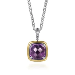 Online Gabriel & Co. 14K Yellow Gold and 925 Sterling Silver Bujukan Cushion Amethyst Pendant Necklace