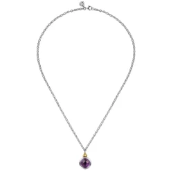 Gabriel & Co. 14K Yellow Gold and 925 Sterling Silver Bujukan Round Amethyst Pendant Necklace