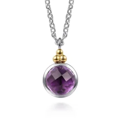 Gabriel & Co. 14K Yellow Gold and 925 Sterling Silver Bujukan Round Amethyst Pendant Necklace