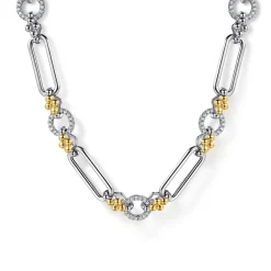 Sale Gabriel & Co. 14K Yellow Gold and 925 Sterling Silver Bujukan Clover and White Sapphire Link Chain Necklace
