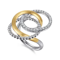 Gabriel & Co. 14K Yellow Gold and 925 Sterling Silver Bujukan and White Sapphire Multi Round Link Fashion Ring