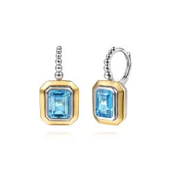 Clearance Gabriel & Co. 14K Yellow Gold and 925 Sterling Silver Bujukan Octagon Blue Topaz Leverback Earrings