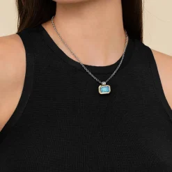 Gabriel & Co. 14K Yellow Gold and 925 Sterling Silver Bujukan Octagon Blue Topaz Pendant Necklace