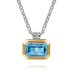 Gabriel & Co. 14K Yellow Gold and 925 Sterling Silver Bujukan Octagon Blue Topaz Pendant Necklace