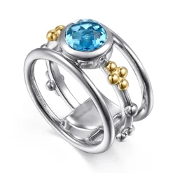 Clearance Gabriel & Co. 14K Yellow Gold and 925 Sterling Silver Bujukan Blue Topaz Wide Band Ring