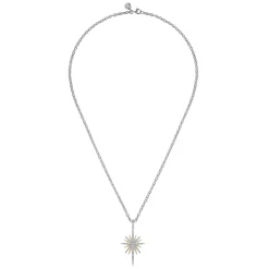 Gabriel & Co. 14K Yellow Gold and 925 Sterling Silver Bujukan White Sapphire Starburst Pendant Necklace