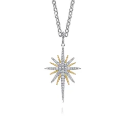 Gabriel & Co. 14K Yellow Gold and 925 Sterling Silver Bujukan White Sapphire Starburst Pendant Necklace