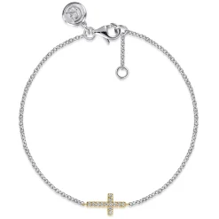 New Gabriel & Co. 14K Yellow Gold and 925 Sterling Silver Diamond Cross Chain Bracelet