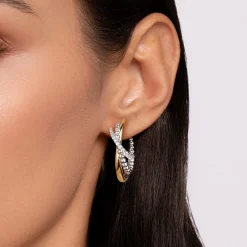 Clearance Gabriel & Co. 14K Yellow Gold and 925 Sterling Silver Bujukan Beaded White Sapphire Criss-Cross J Hoop Earrings