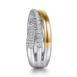 Clearance Gabriel & Co. 14K Yellow Gold and 925 Sterling Silver Bujukan Beaded White Sapphire Criss Cross Ring