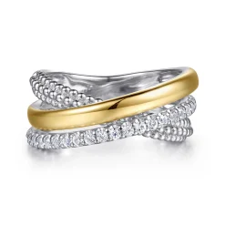 Clearance Gabriel & Co. 14K Yellow Gold and 925 Sterling Silver Bujukan Beaded White Sapphire Criss Cross Ring