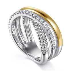 Clearance Gabriel & Co. 14K Yellow Gold and 925 Sterling Silver Bujukan Beaded White Sapphire Criss Cross Ring