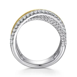 Clearance Gabriel & Co. 14K Yellow Gold and 925 Sterling Silver Bujukan Beaded White Sapphire Criss Cross Ring