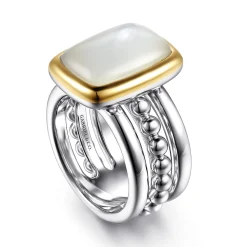 Discount Gabriel & Co. 14K Yellow Gold and 925 Sterling Silver Bujukan Elongated Cushion White Mother of Pearl Cocktail Ring