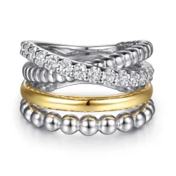 Gabriel & Co. 14K Yellow Gold and 925 Sterling Silver Bujukan Beaded White Sapphire Easy Stackable Ring