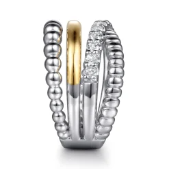 Gabriel & Co. 14K Yellow Gold and 925 Sterling Silver Bujukan Beaded White Sapphire Easy Stackable Ring