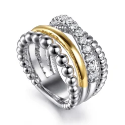 Gabriel & Co. 14K Yellow Gold and 925 Sterling Silver Bujukan Beaded White Sapphire Easy Stackable Ring