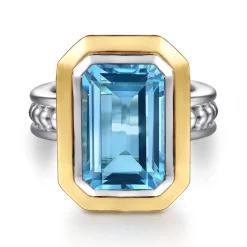 Best Gabriel & Co. 14K Yellow Gold and 925 Sterling Silver Bujukan Octagon Blue Topaz Cocktail Ring