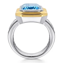 Best Gabriel & Co. 14K Yellow Gold and 925 Sterling Silver Bujukan Octagon Blue Topaz Cocktail Ring