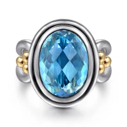 Hot Gabriel & Co. 14K Yellow Gold and 925 Sterling Silver Bujukan Oval Blue Topaz Cocktail Ring