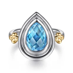 Clearance Gabriel & Co. 14K Yellow Gold and 925 Sterling Silver Bujukan Pear Blue Topaz Cocktail Ring