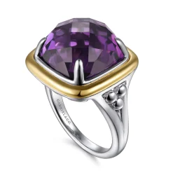 Clearance Gabriel & Co. 14K Yellow Gold and 925 Sterling Silver Bujukan Cushion Amethyst Cocktail Ring