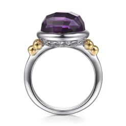 Sale Gabriel & Co. 14K Yellow Gold and 925 Sterling Silver Bujukan Round Amethyst Cocktail Ring