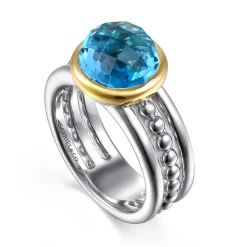 Gabriel & Co. 14K Yellow Gold and 925 Sterling Silver Bujukan Round Blue Topaz Cocktail Ring