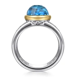 Gabriel & Co. 14K Yellow Gold and 925 Sterling Silver Bujukan Round Blue Topaz Cocktail Ring