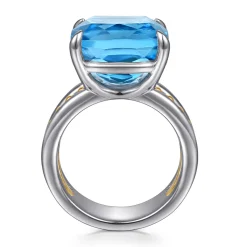 Gabriel & Co. 14K Yellow Gold and 925 Sterling Silver Bujukan Multi Rows Cushion Blue Topaz Cocktail Ring
