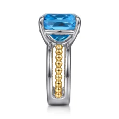 Gabriel & Co. 14K Yellow Gold and 925 Sterling Silver Bujukan Multi Rows Cushion Blue Topaz Cocktail Ring