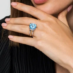 Gabriel & Co. 14K Yellow Gold and 925 Sterling Silver Bujukan Multi Rows Cushion Blue Topaz Cocktail Ring