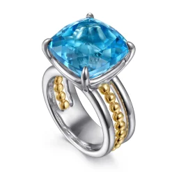 Gabriel & Co. 14K Yellow Gold and 925 Sterling Silver Bujukan Multi Rows Cushion Blue Topaz Cocktail Ring
