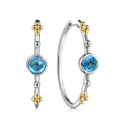Gabriel & Co. 14K Yellow Gold and 925 Sterling Silver Bujukan Round Blue Topaz Elongated Oval Classic Hoop Earrings