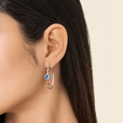 Gabriel & Co. 14K Yellow Gold and 925 Sterling Silver Bujukan Round Blue Topaz Elongated Oval Classic Hoop Earrings
