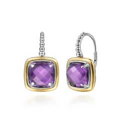 Gabriel & Co. 14K Yellow Gold and 925 Sterling Silver Bujukan Cushion Amethyst Leverback Earrings