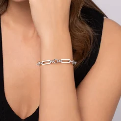 Sale Gabriel & Co. 14K Yellow Gold and 925 Sterling Silver Bujukan Beaded White Sapphire Link Chain Bracelet