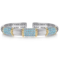 Sale Gabriel & Co. 14K Yellow Gold and 925 Sterling Silver Pave Blue Topaz and Shrimp Texture Bujukan Bangle Bracelet