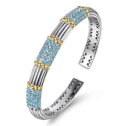 Sale Gabriel & Co. 14K Yellow Gold and 925 Sterling Silver Pave Blue Topaz and Shrimp Texture Bujukan Bangle Bracelet