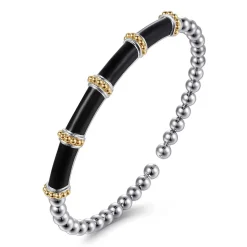 Hot Gabriel & Co. 14K Yellow Gold and 925 Sterling Silver Bujukan and Bar Split Bangle Bracelet with Black Enamel