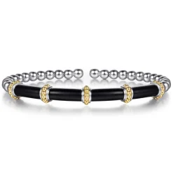 Hot Gabriel & Co. 14K Yellow Gold and 925 Sterling Silver Bujukan and Bar Split Bangle Bracelet with Black Enamel